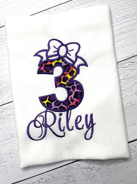 Purple Leopard Girls Birthday Shirt with Bow | Number Birthday Shirt | Toddler Girl Birthday Shirt