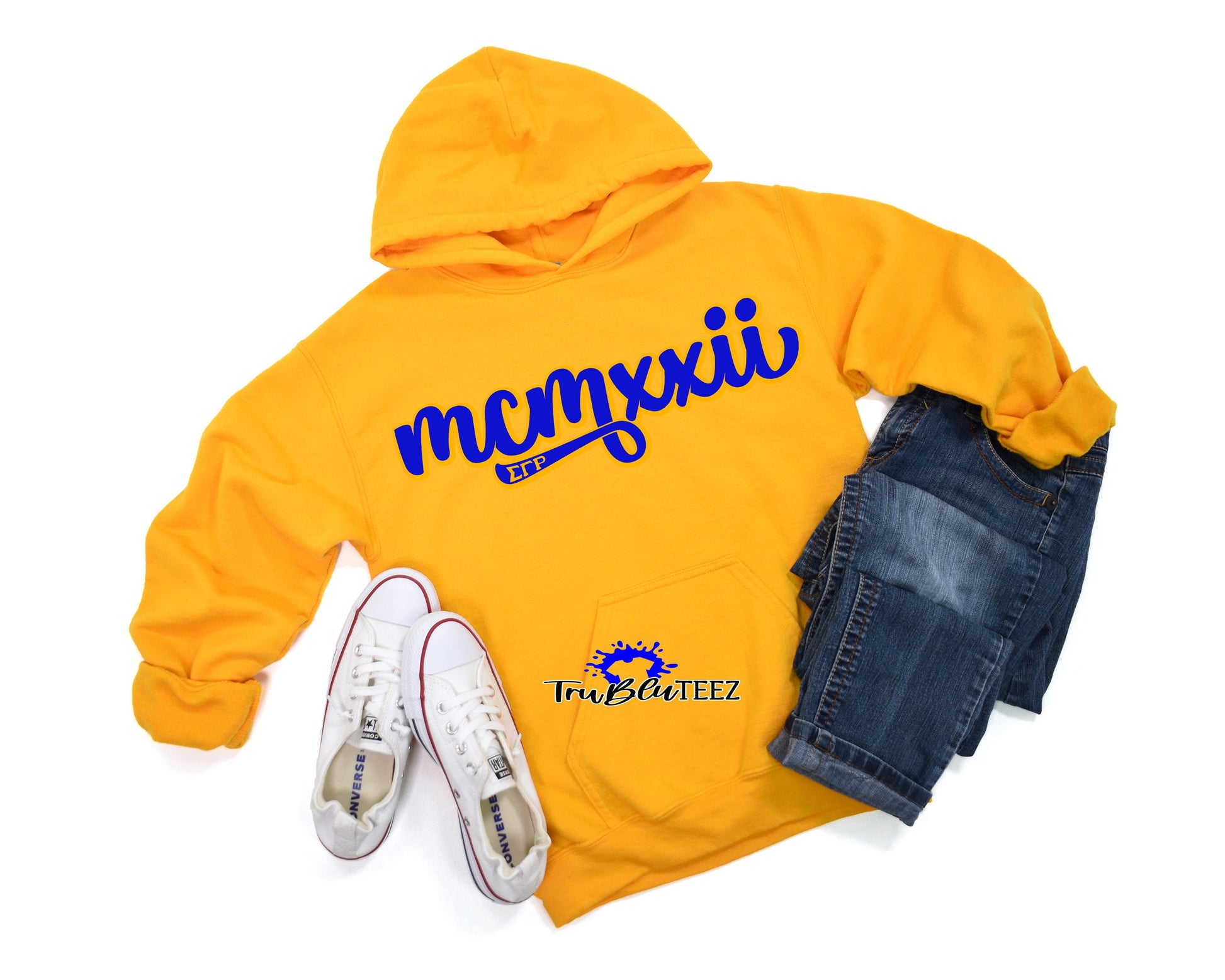 1922 Roman Numerals Hoodie | SHRHO Centennial | SGRHO Inspired | Gold w/ Royal Blue Glitter - Tru Blu TeeZ