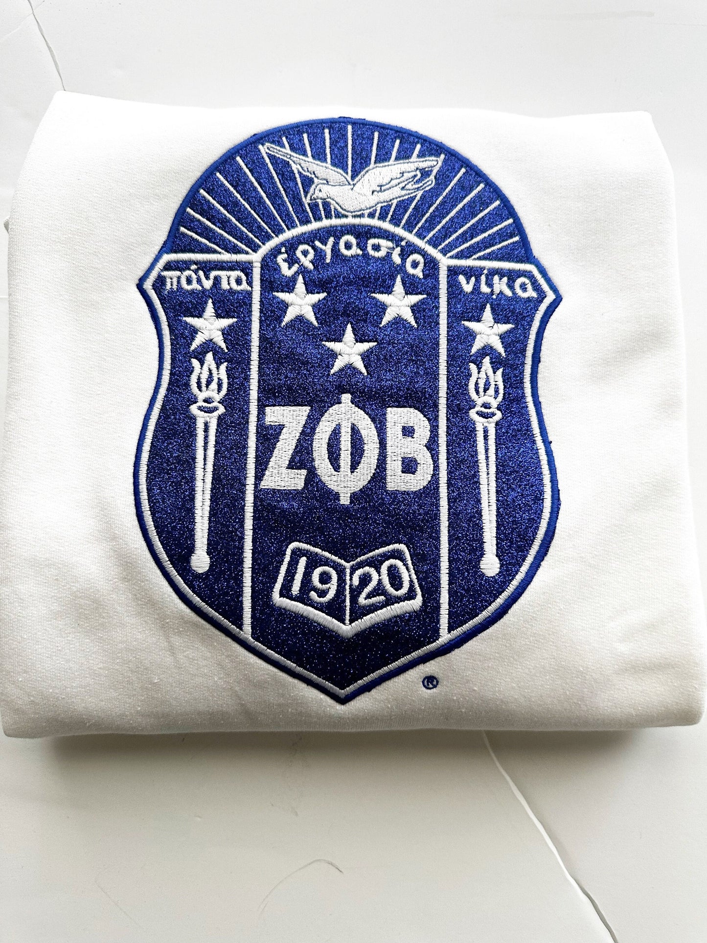 Z Phi B Embroidered Shield | Zeta Phi Beta| Glitter Embroidered | Royal Blue and White - Tru Blu TeeZ